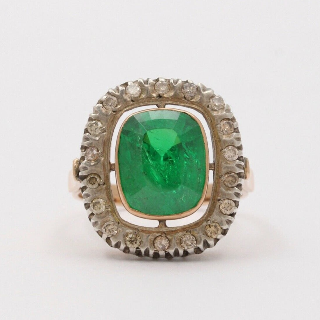 Vintage Emerald Diamonds 14K Yellow White Gold Ring