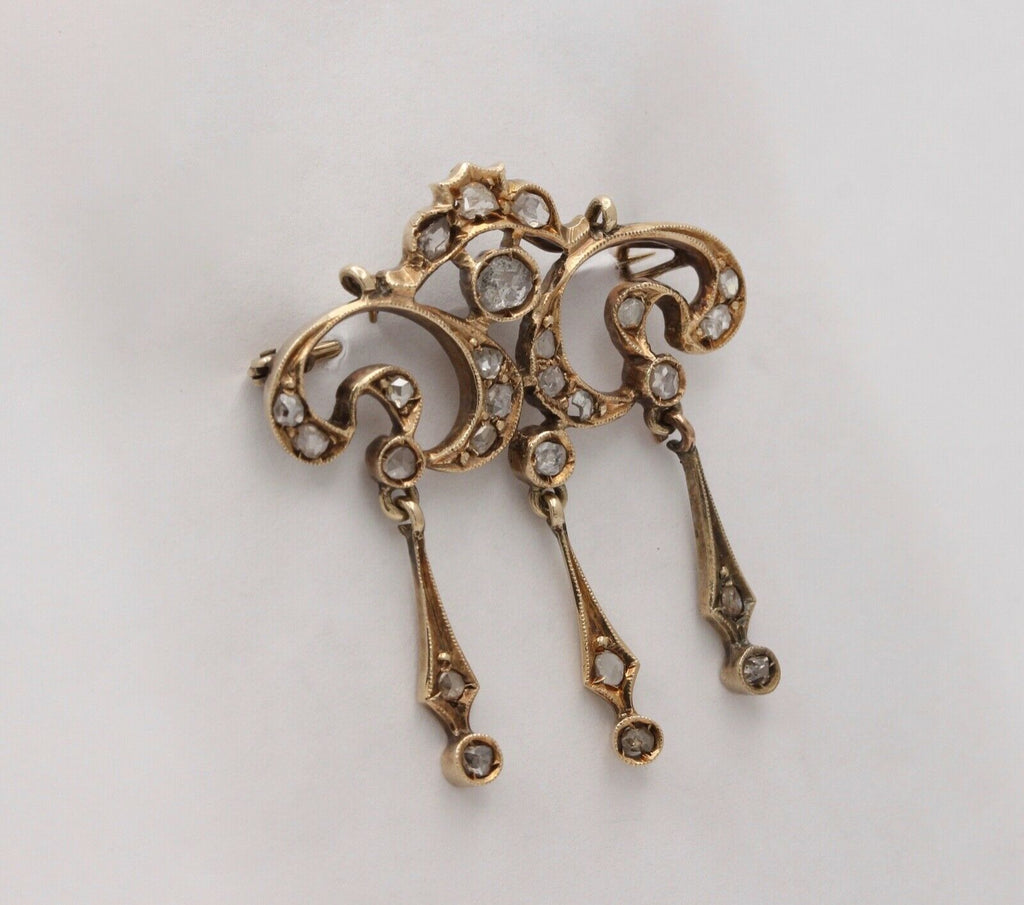 Elegant Victorian Rose Cut Diamonds 14K Yellow Gold Brooch Pendant