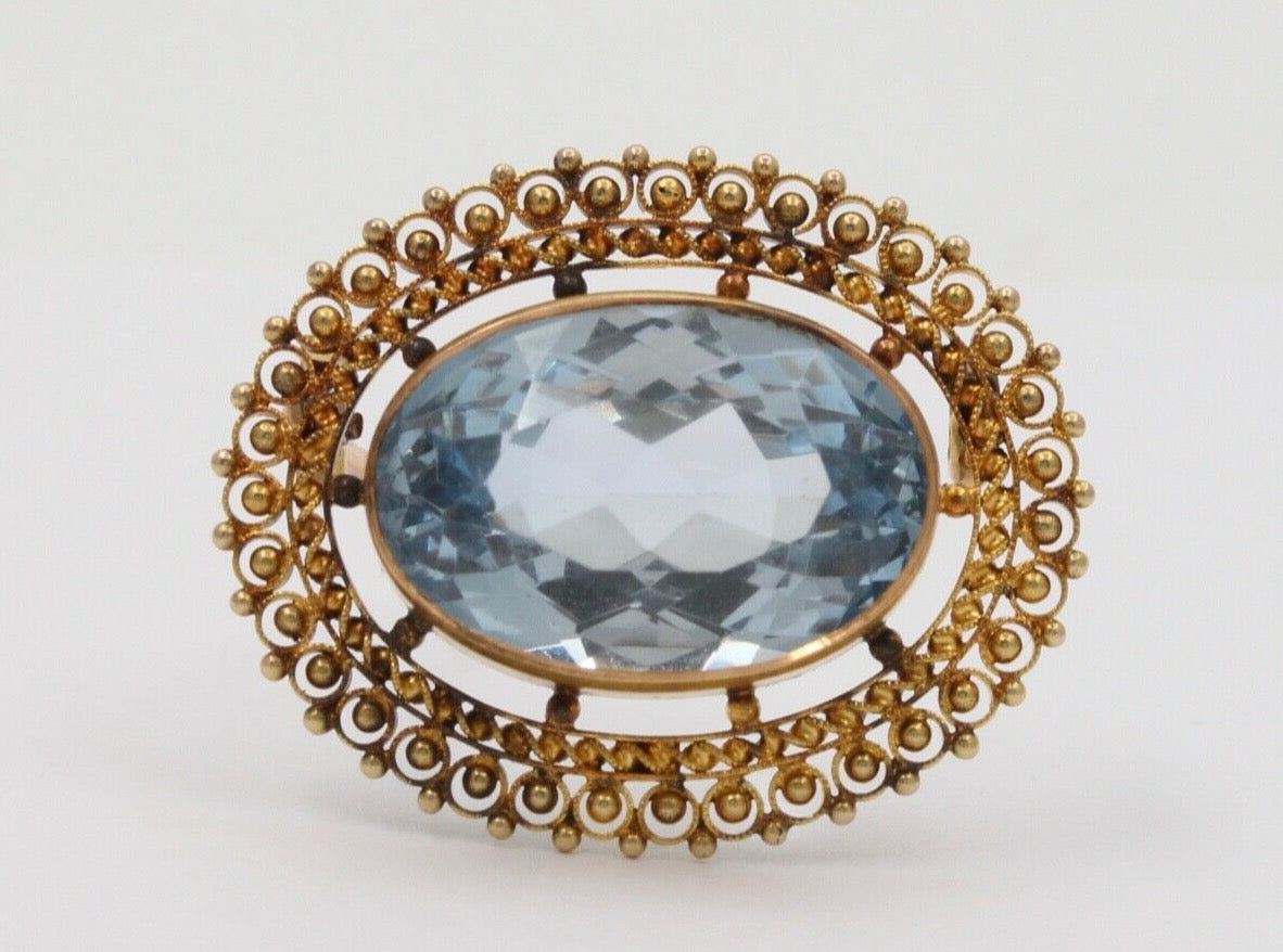 Antique Victorian Etruscan Revival Blue Spinel Brooch Pin