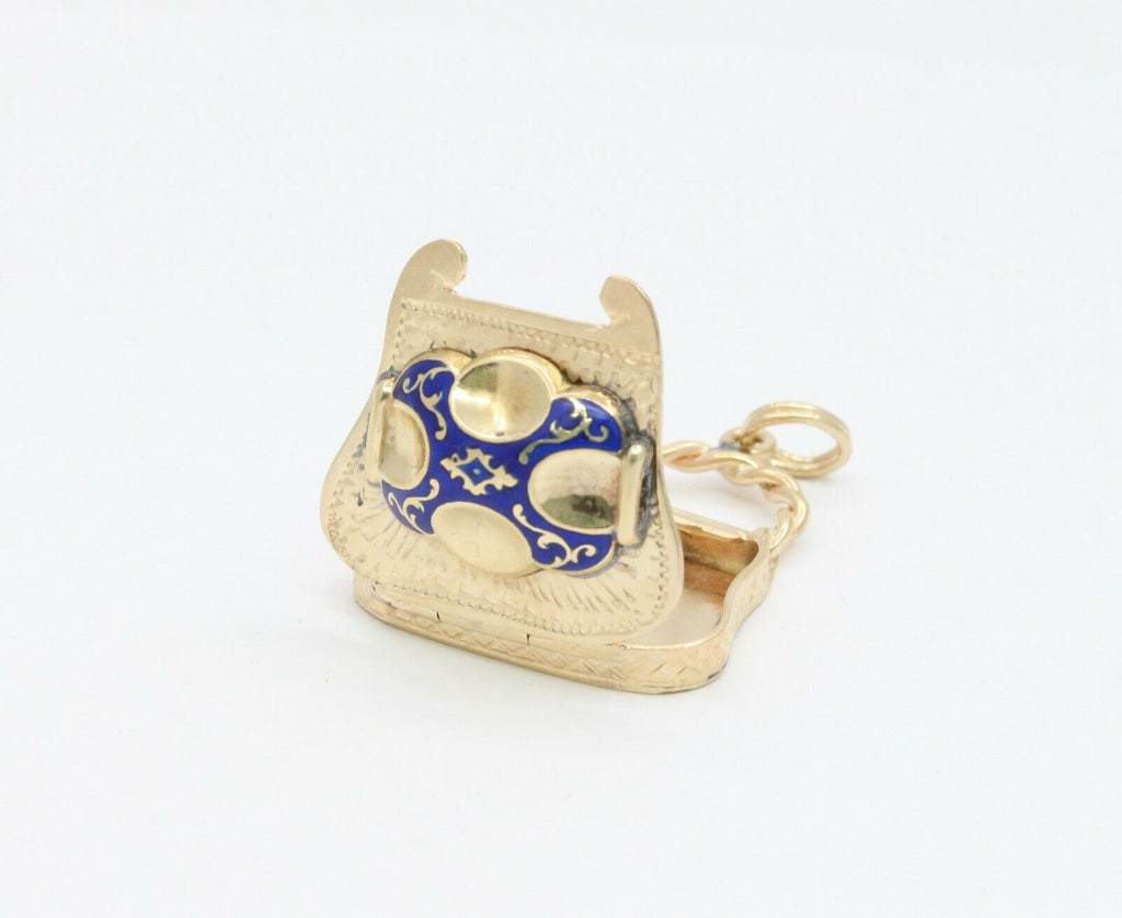 Vintage 14K Yellow Gold Enamel Opening Purse Pendant