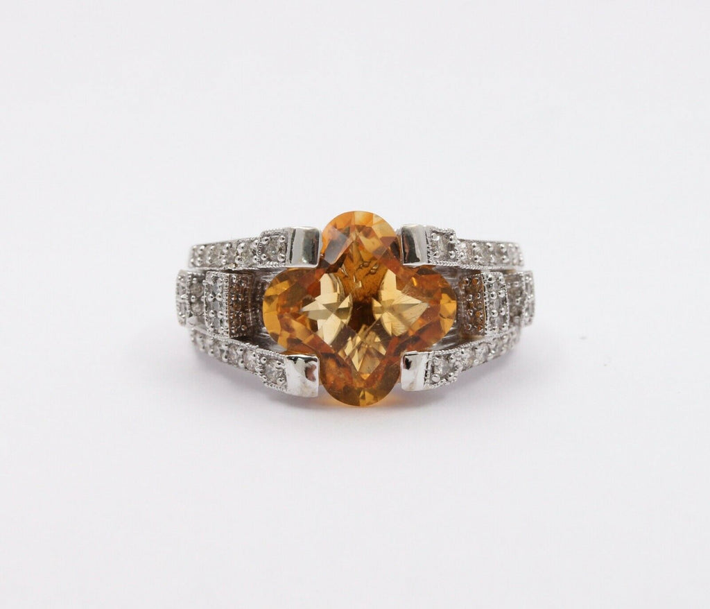 Unique Clover Shape Checkerboard Cut Citrine 14K White Gold Diamond Ring , Engag