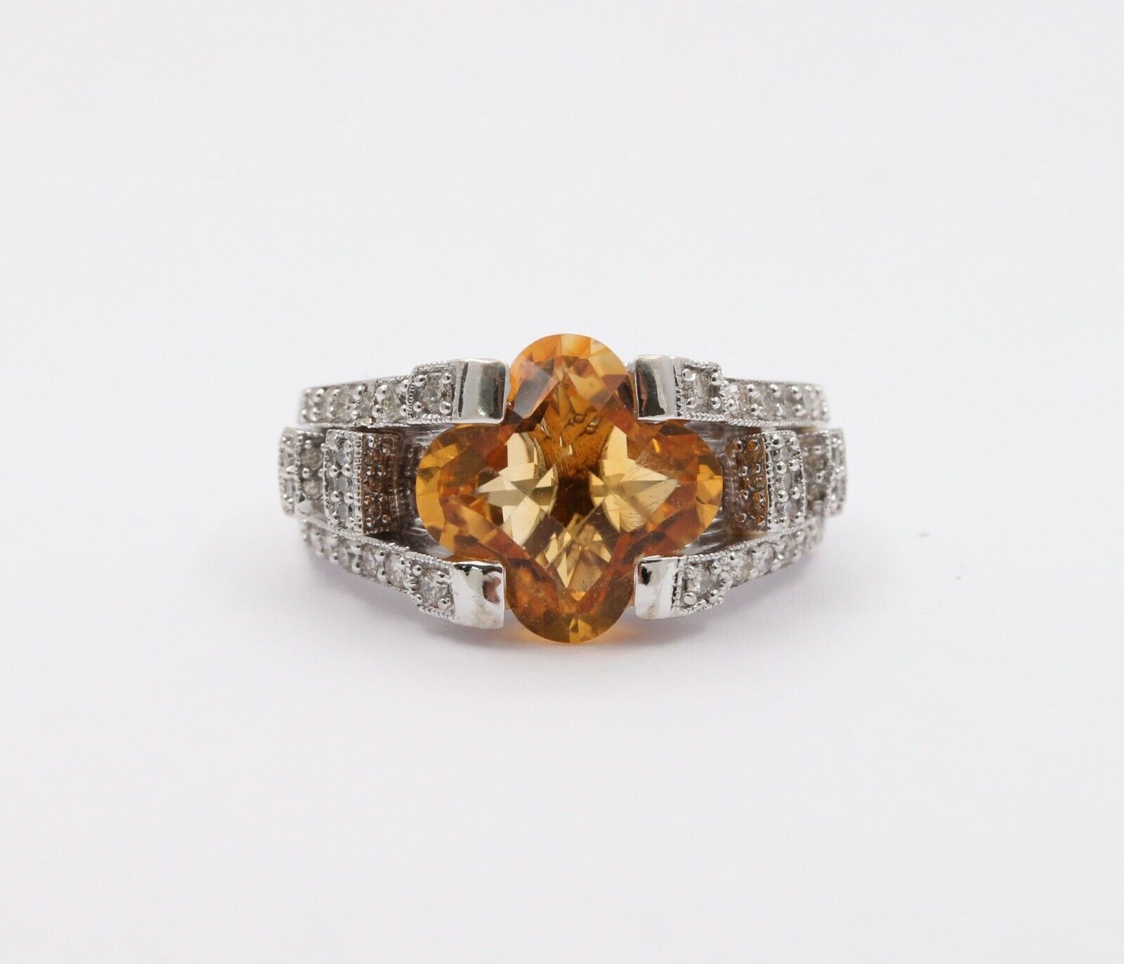 Unique Clover Shape Checkerboard Cut Citrine 14K White Gold Diamond Ring , Engag