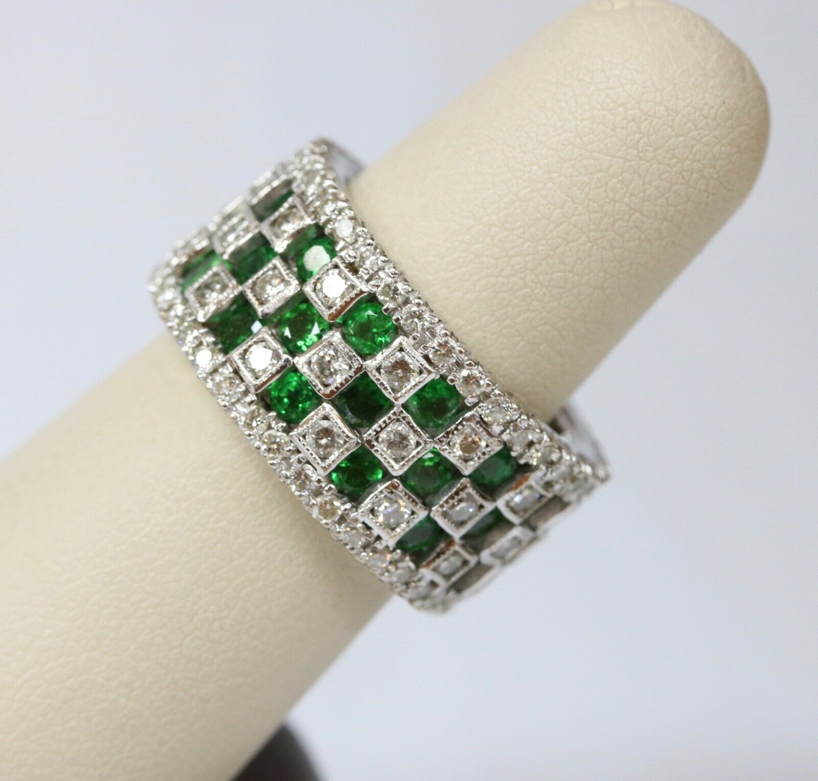 Vintage Checkerboard Tsavorite Garnet and Diamond 18K White Gold Ring