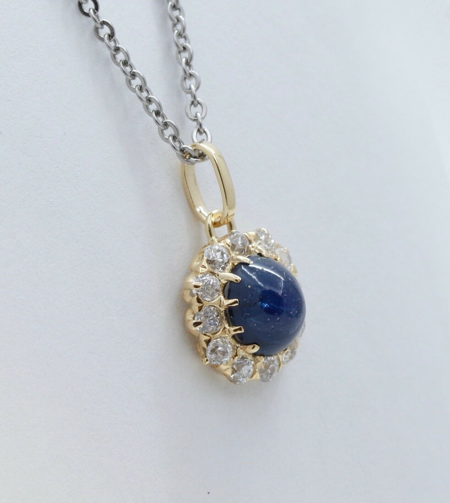Victorian Cabochon Sapphire Old European Cut Diamonds 14K Yellow Gold Pendant