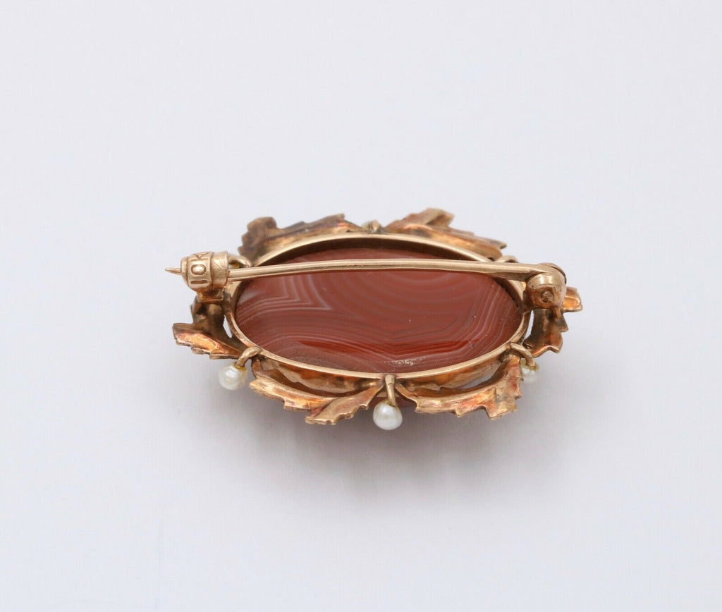 Art Nouveau Agate Seed Pearls 10K Yellow Gold Brooch Pin
