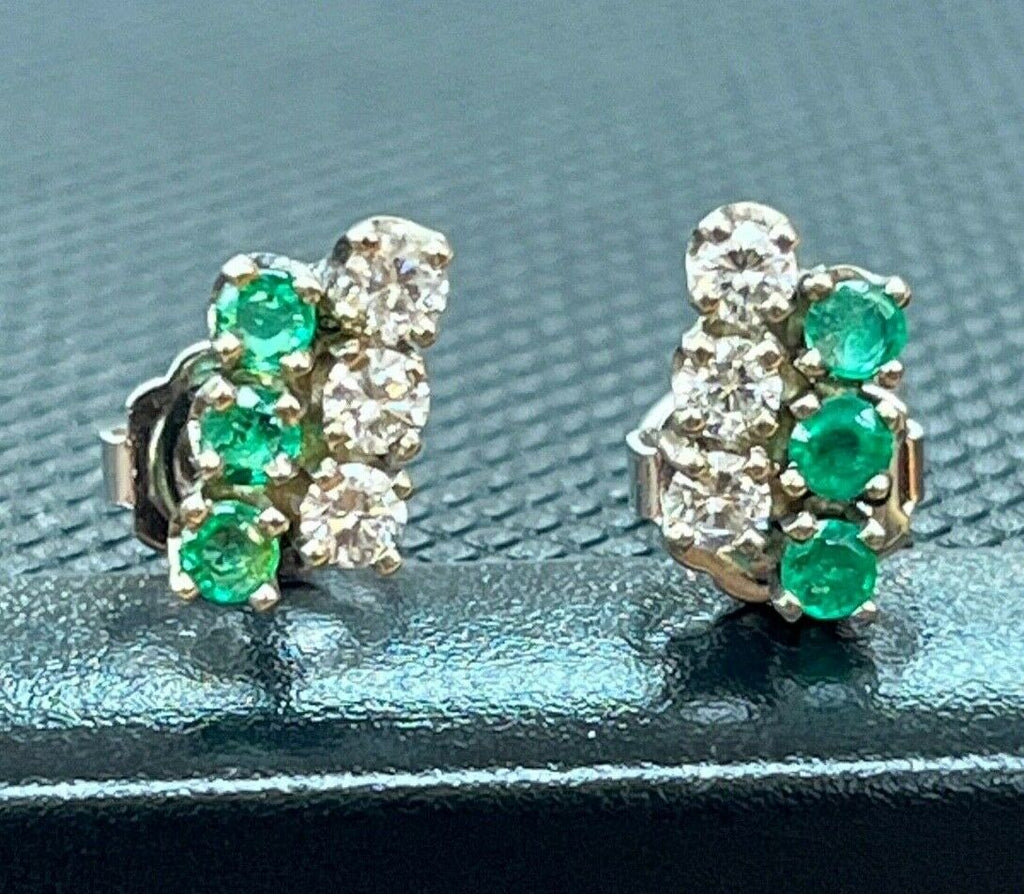 Vintage 14K White Gold Diamond & Emerald Cluster Studs Earrings, Push Back Earri