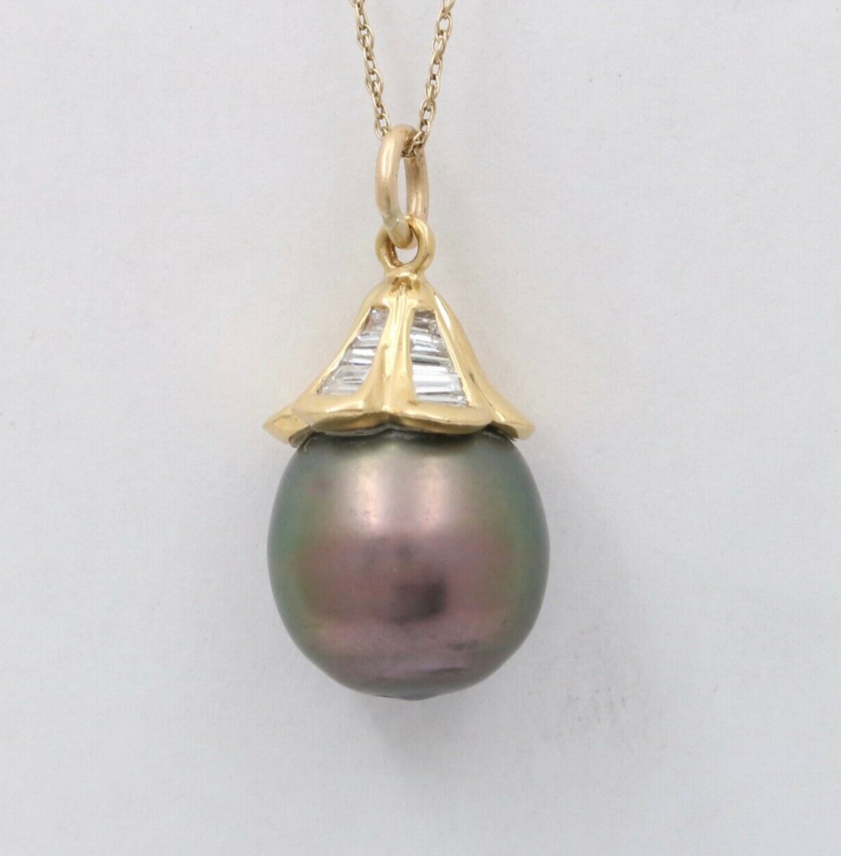 Vintage 18K Yellow Gold Baroque Black South Sea Pearl Diamond Pendant, Necklace