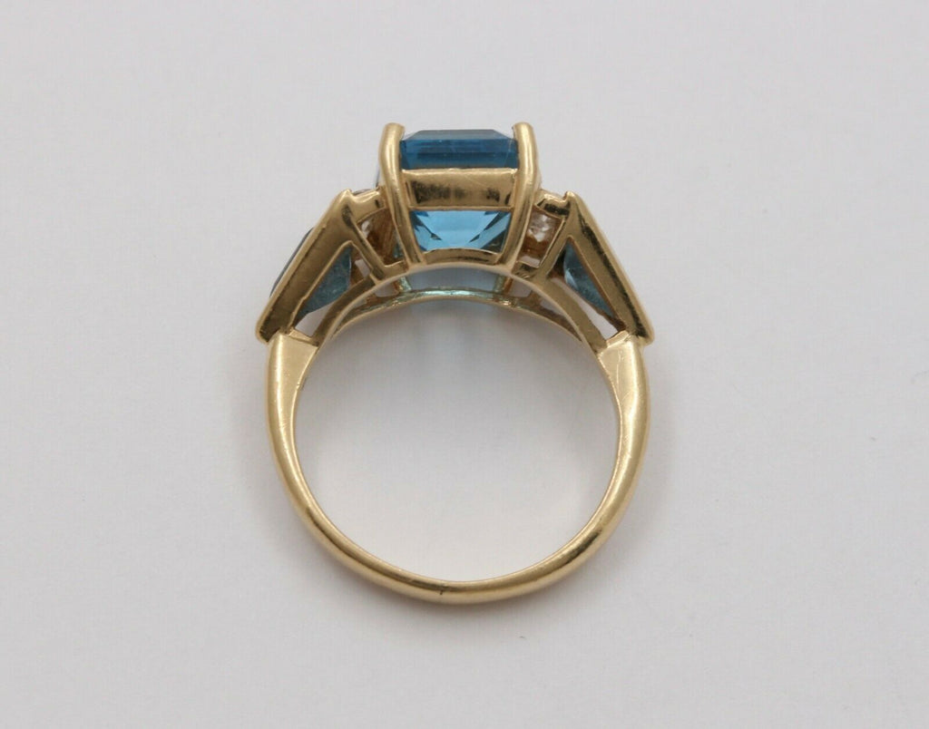 Vintage Emerald-cut London Blue Topaz 14K Yellow Gold Diamond Ring, Cocktail Rin