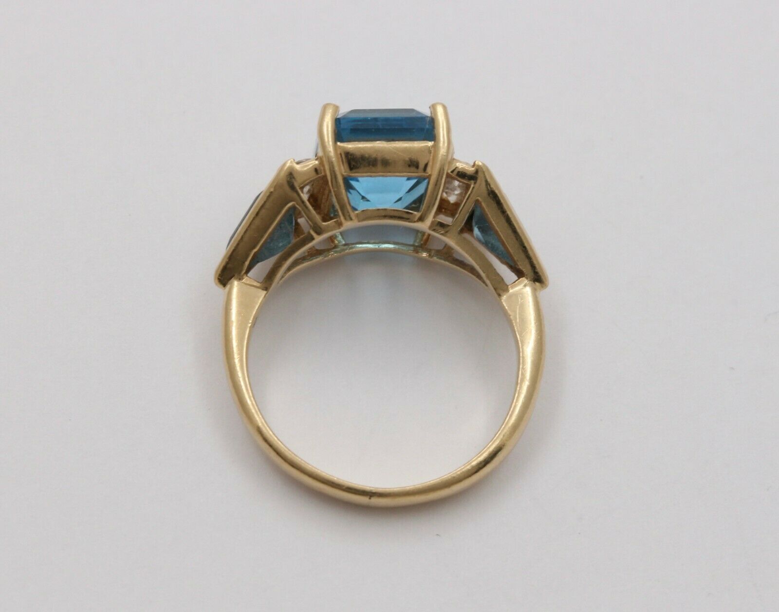 Vintage Emerald-cut London Blue Topaz 14K Yellow Gold Diamond Ring, Cocktail Rin
