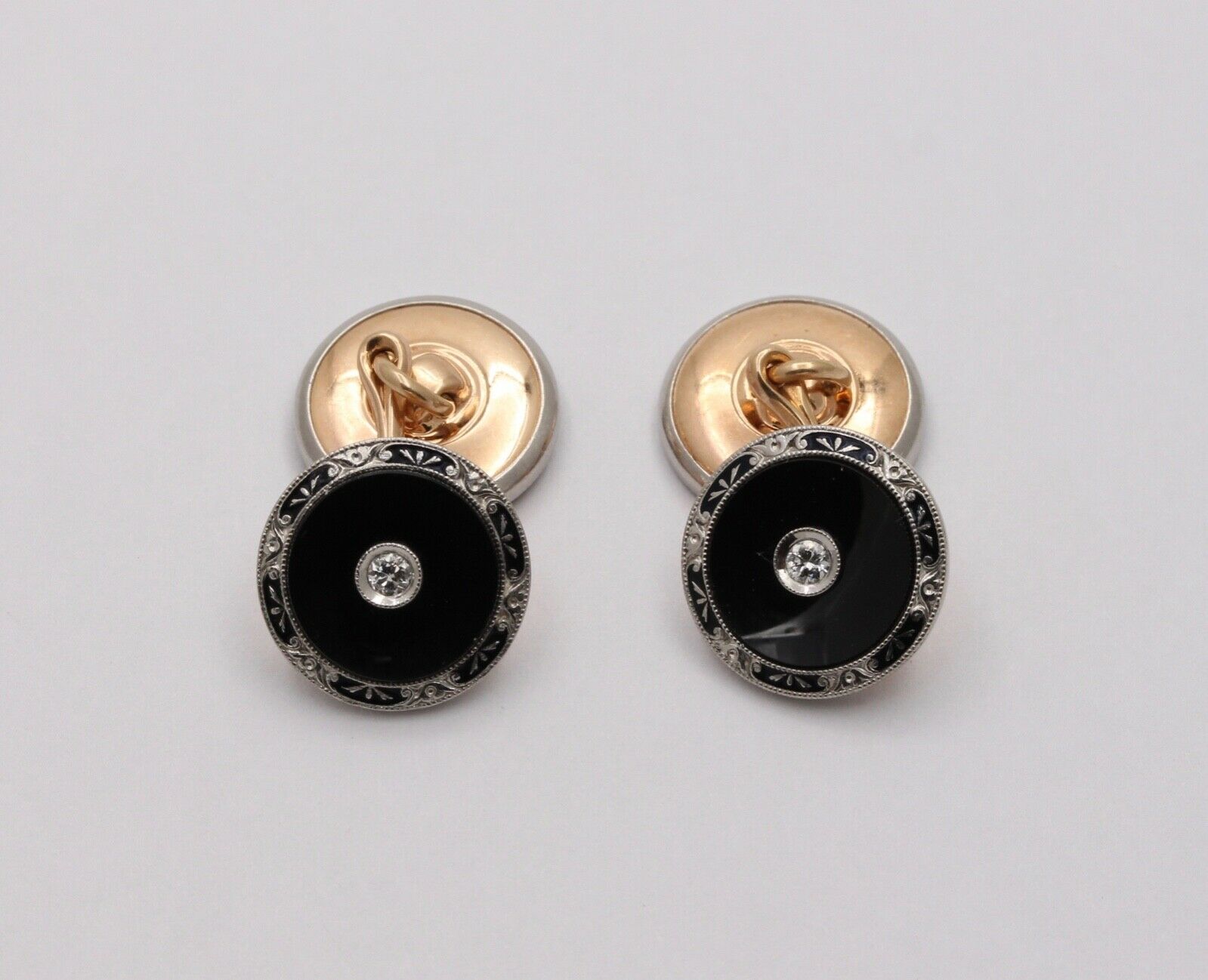 Vintage Krementz Platinum & 14K Yellow Gold Onyx Diamond Enamel Cufflinks, Man's