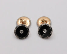 Load image into Gallery viewer, Vintage Krementz Platinum &amp; 14K Yellow Gold Onyx Diamond Enamel Cufflinks, Man&#39;s

