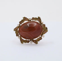 Load image into Gallery viewer, Art Nouveau Agate Seed Pearls 10K Yellow Gold Brooch Pin
