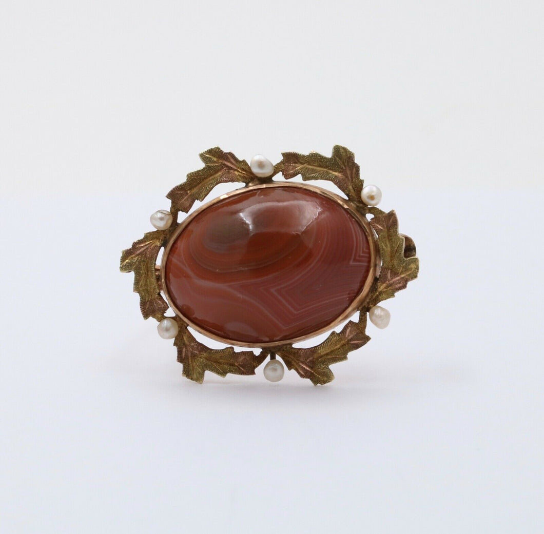 Art Nouveau Agate Seed Pearls 10K Yellow Gold Brooch Pin