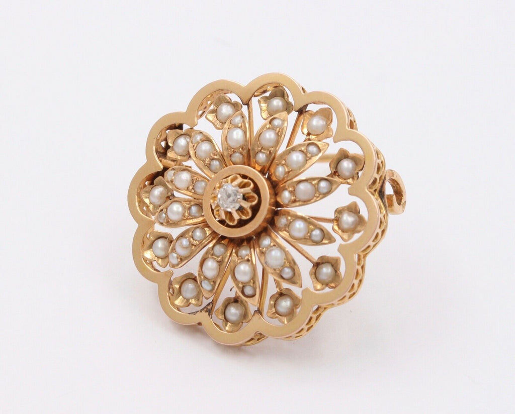 Victorian Starburst Diamond Seed Pearls 14K Yellow Gold Brooch Pin