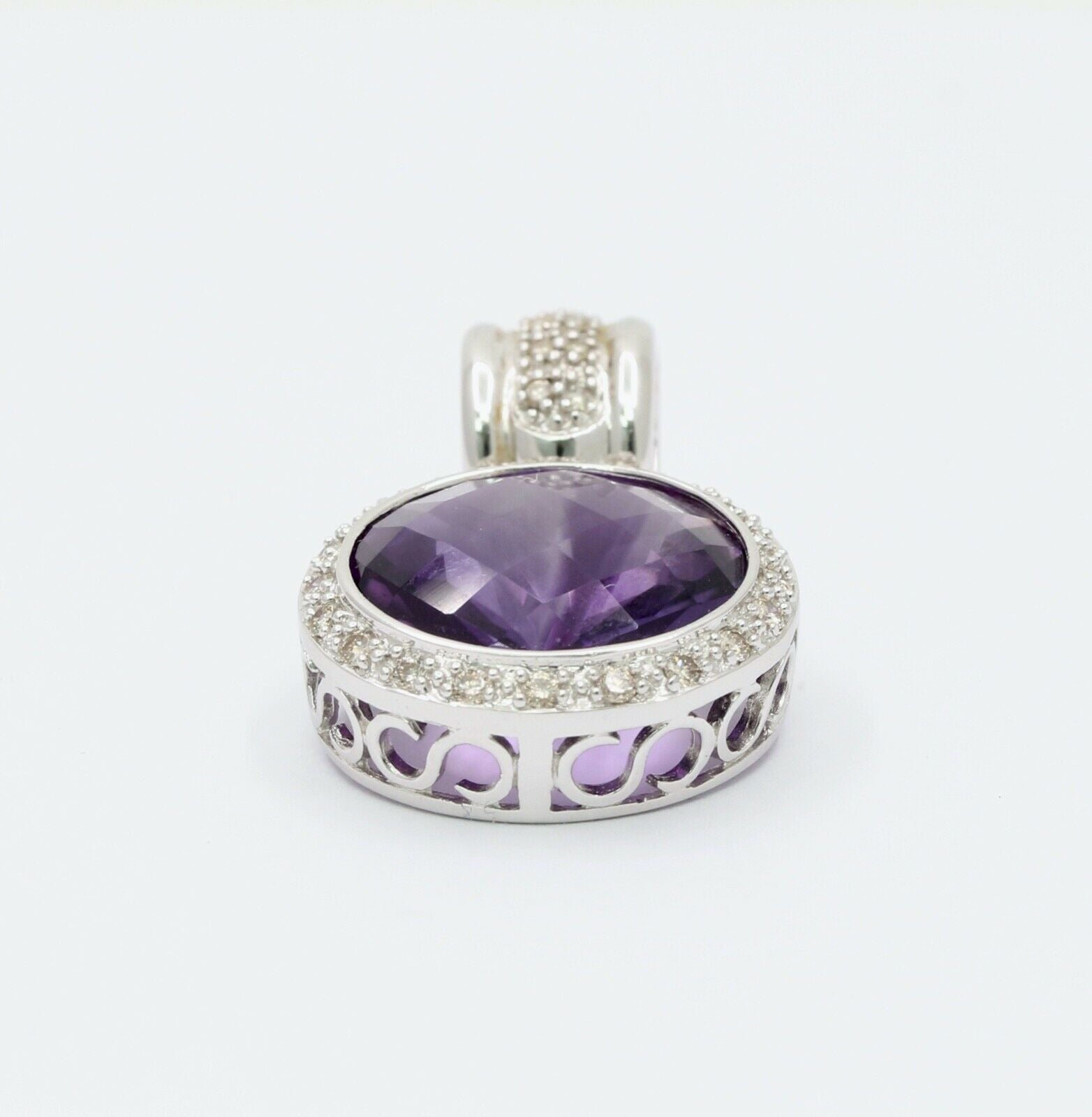 Vintage Ladies Amethyst Diamonds 14K White Gold Pendant