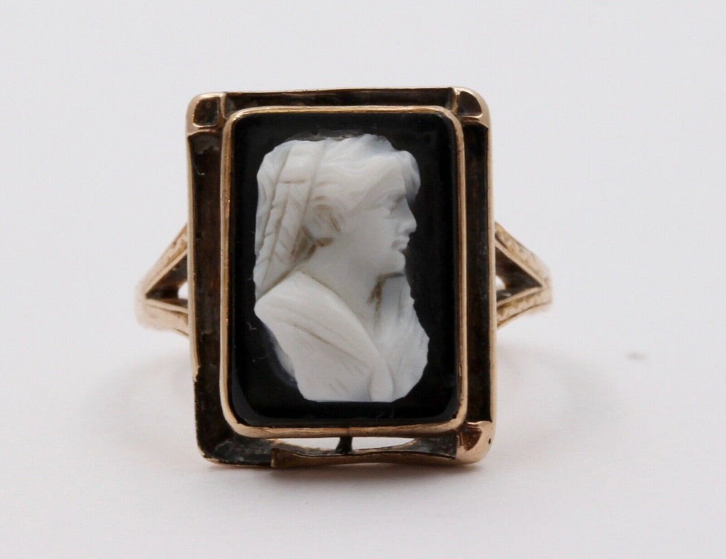 Art Deco Onyx Cameo 10K Yellow Gold Ring