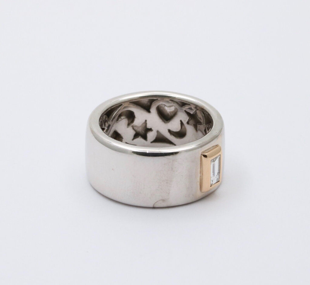 Funky 18K Gold Step Cut Baguette Diamond Wide Cigar Band, Stacking Ring.