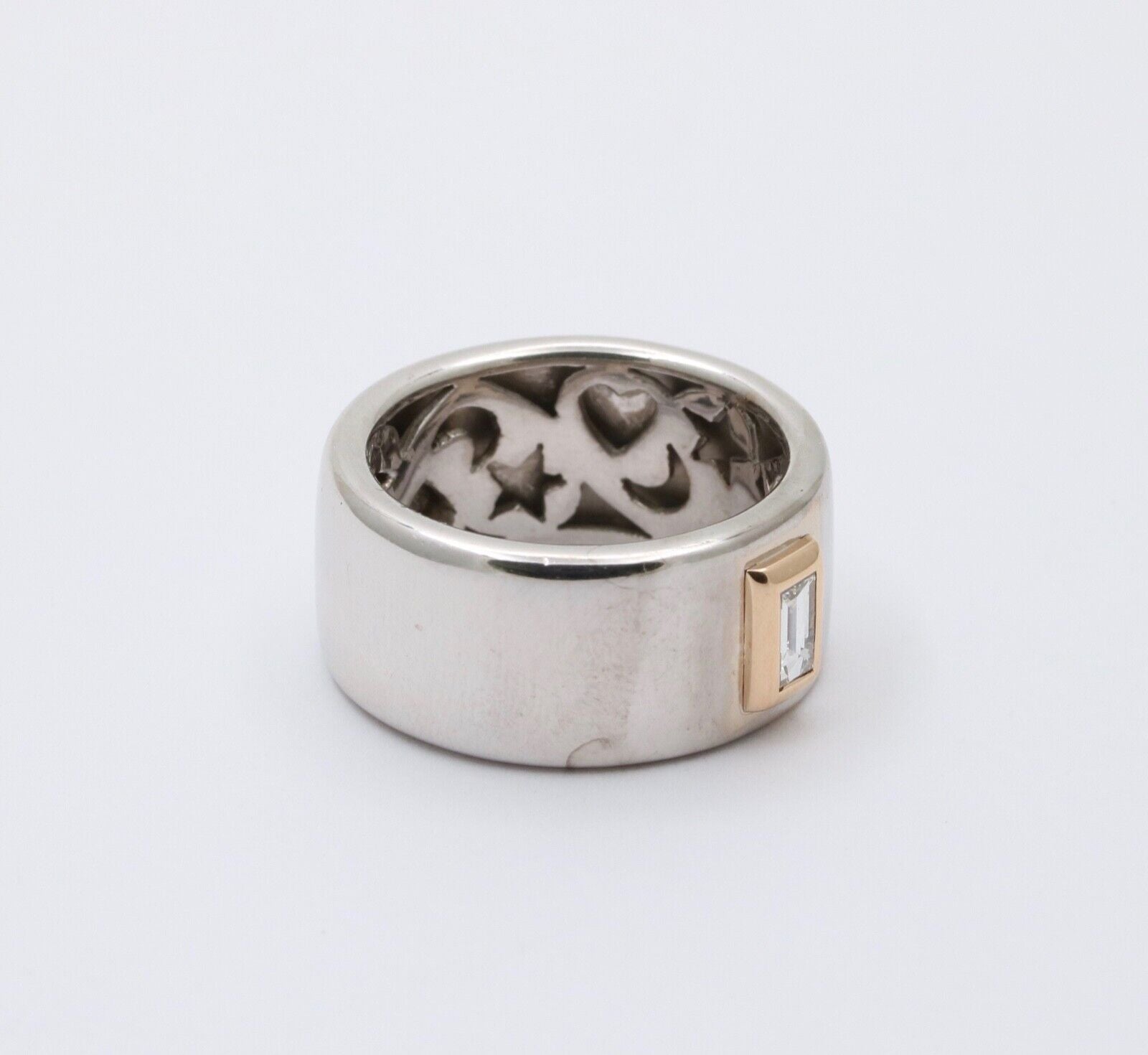 Funky 18K Gold Step Cut Baguette Diamond Wide Cigar Band, Stacking Ring.