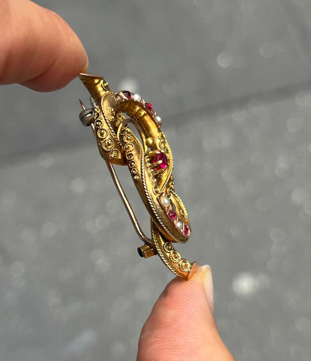 Victorian 12K Yellow Gold Ruby And Split Pearl Infinity love Knot Brooch