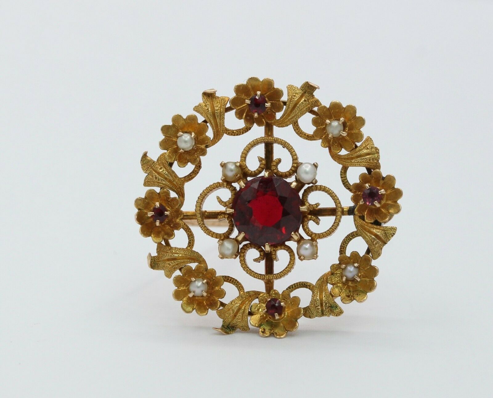 Vintage 14k Yellow Gold Garnet Seed Pearl Floral Brooch