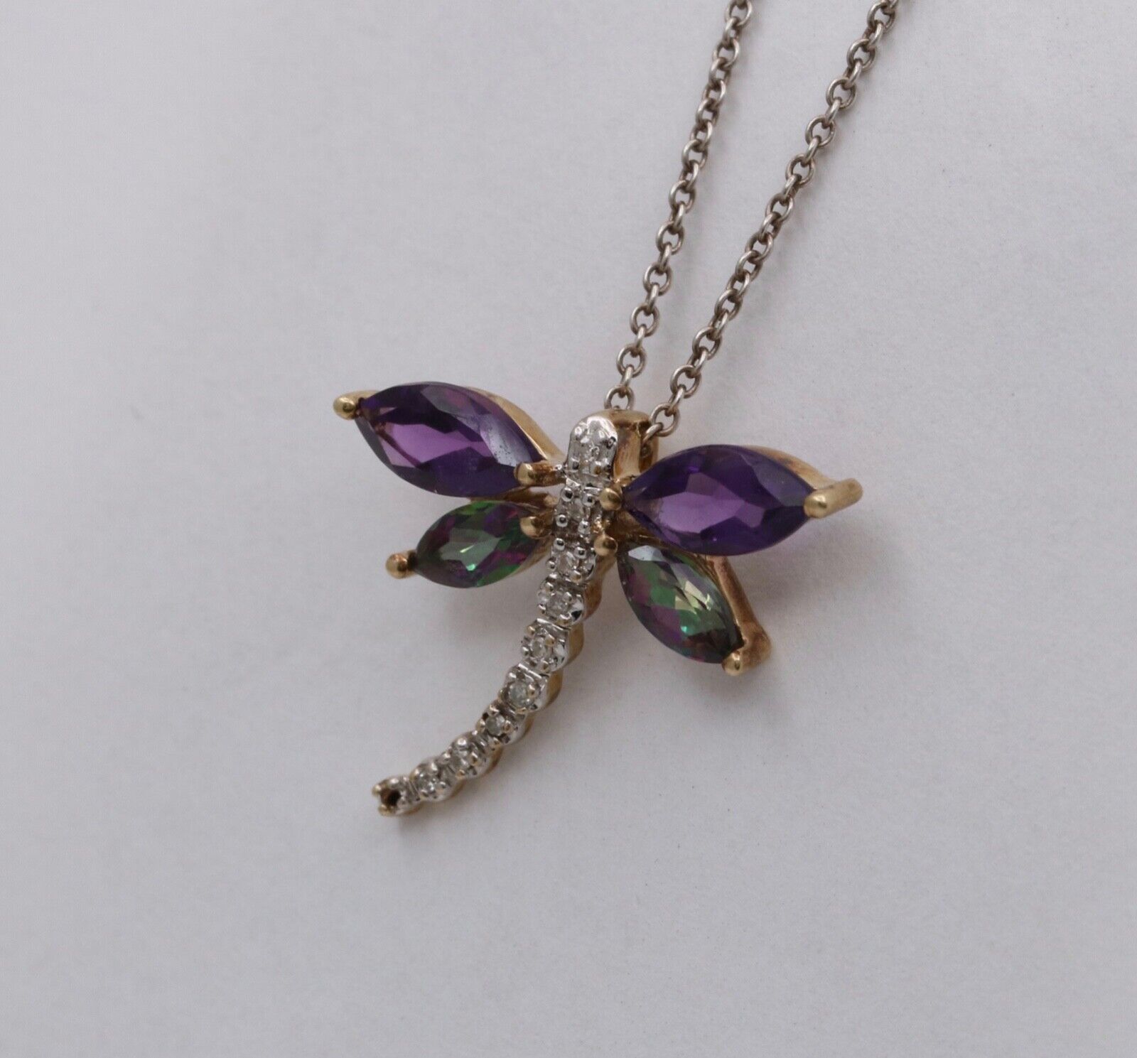 Vintage 10K Yellow Gold Dragonfly Diamond Pendant, Necklace