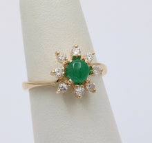 Load image into Gallery viewer, Vintage 14K Yellow Gold Emerald and Diamond Floral Ring, Engagement Ring
