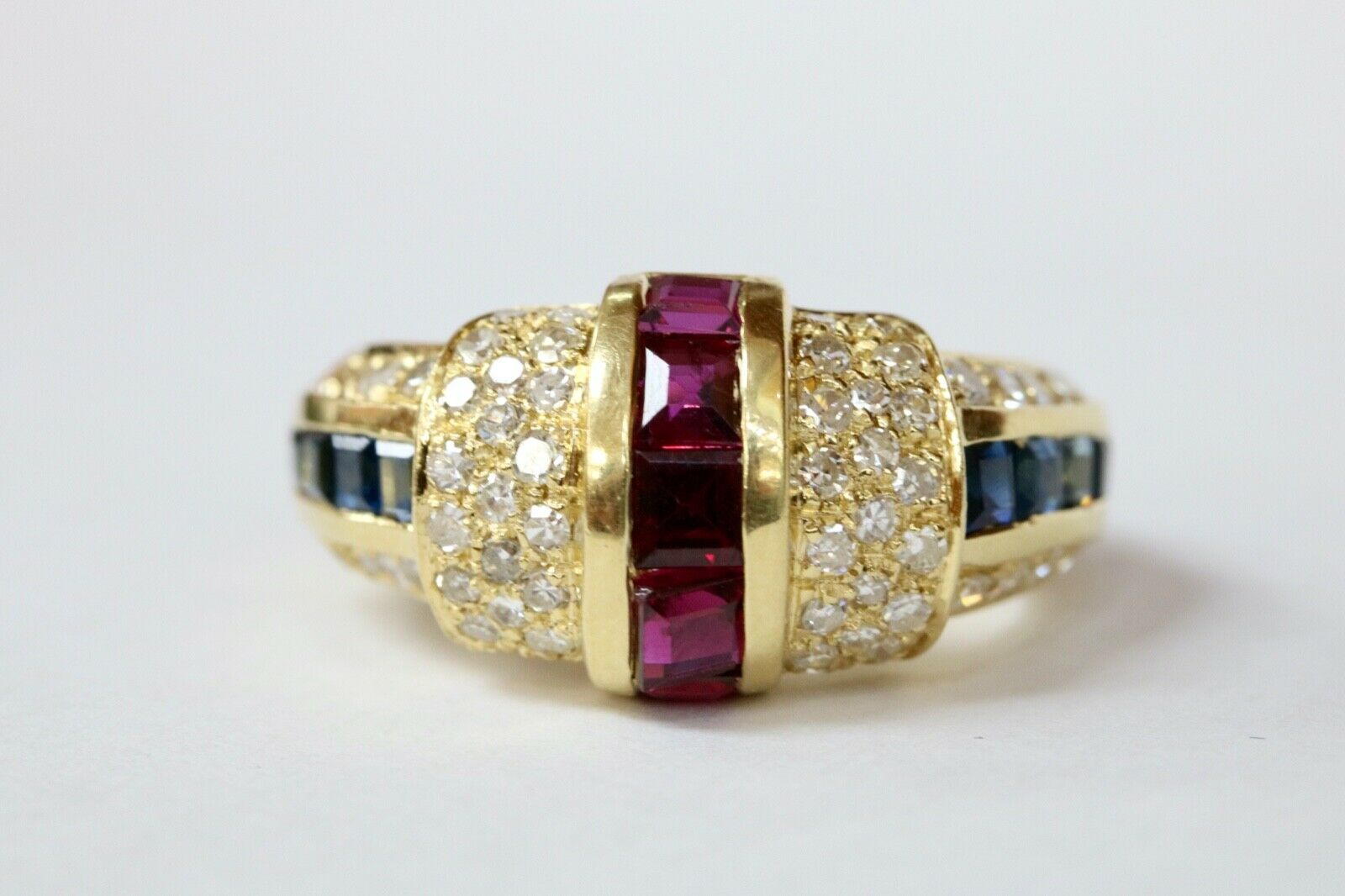 Vintage 1980’s Pave Diamond,Ruby and Sapphire Tri-Color Ring