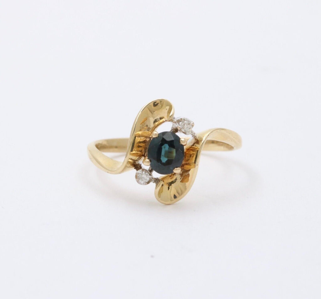Vintage Blue Sapphire Diamonds 14K Yellow White Gold Ring