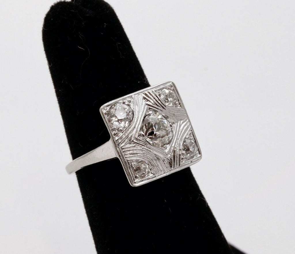 Art Deco Geometric Rope Filagree Diamonds 14K White Gold Ring