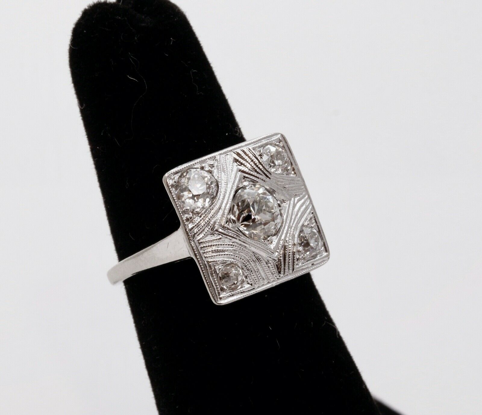 Art Deco Geometric Rope Filagree Diamonds 14K White Gold Ring