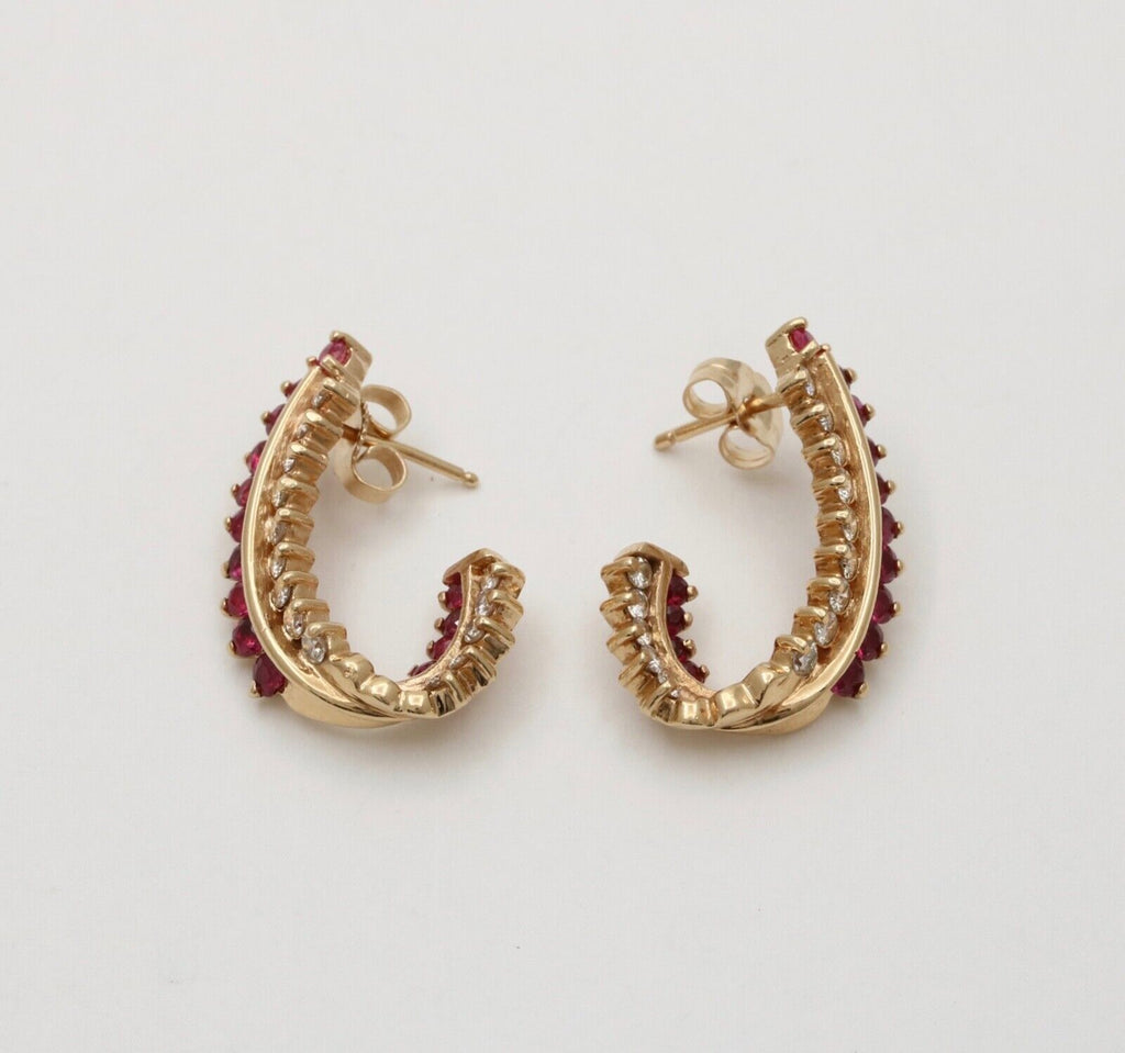Vintage Retro 14K Gold Ruby and Diamond Huggie Earrings