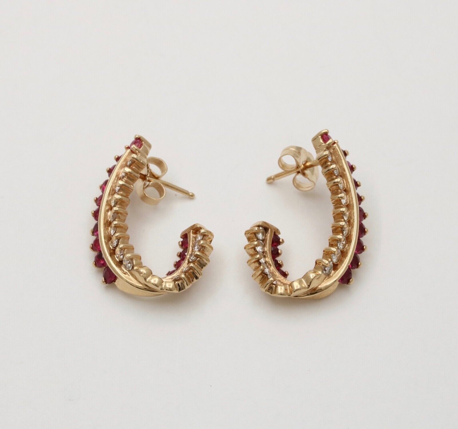 Vintage Retro 14K Gold Ruby and Diamond Huggie Earrings