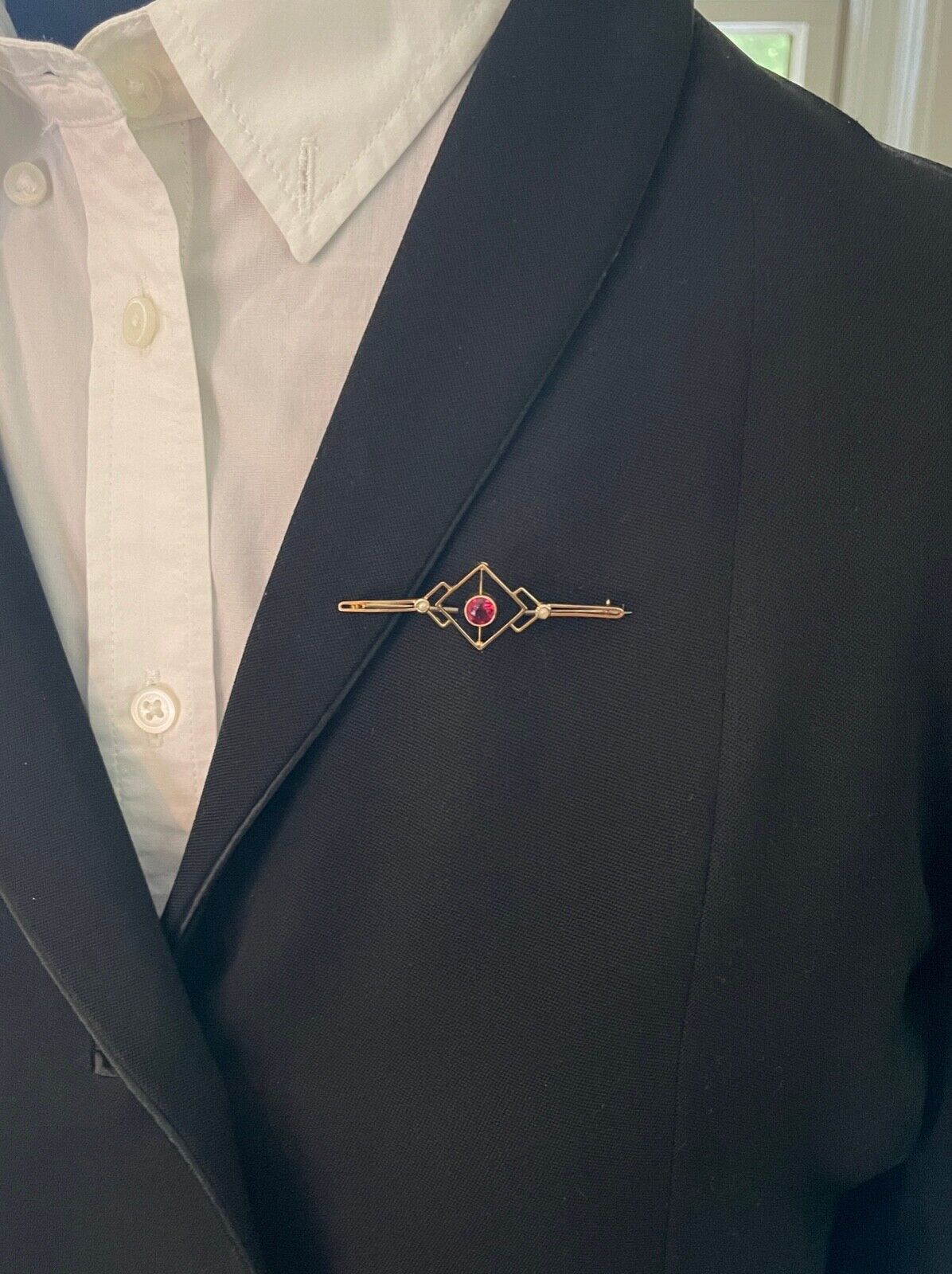 Art Deco 9K Yellow Gold Synthetic Pink Sapphire Pearls Brooch Pin