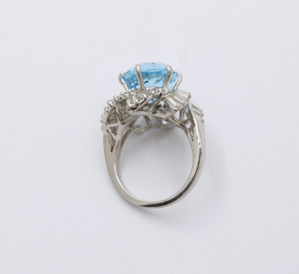 Vintage Platinum Aquamarine and Twirling Diamond Halo Ring, Statement Ring.