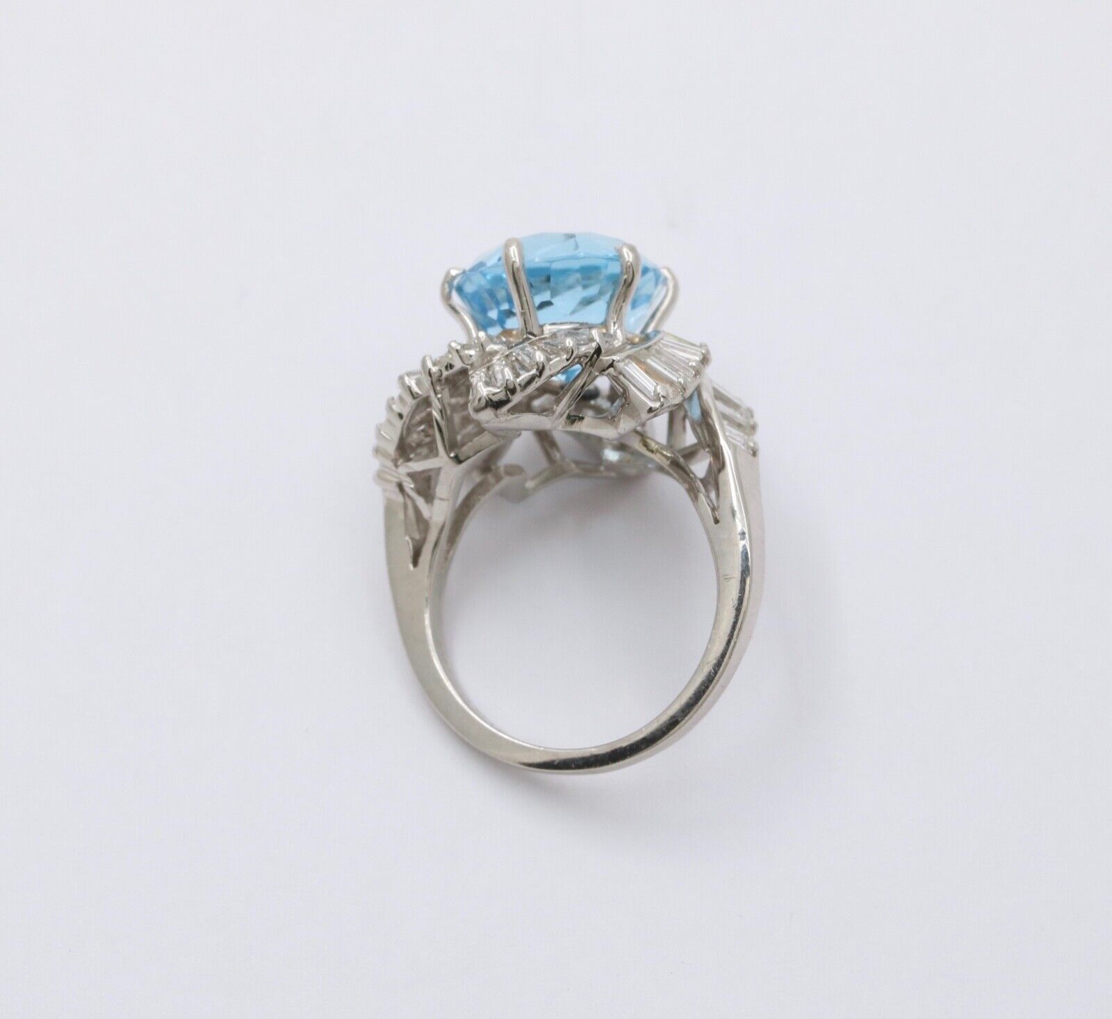Vintage Platinum Aquamarine and Twirling Diamond Halo Ring, Statement Ring.