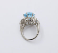 Load image into Gallery viewer, Vintage Platinum Aquamarine and Twirling Diamond Halo Ring, Statement Ring.
