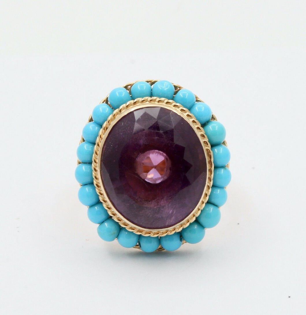 Vintage 18K Huge Amethyst Turquoise Statement Ring