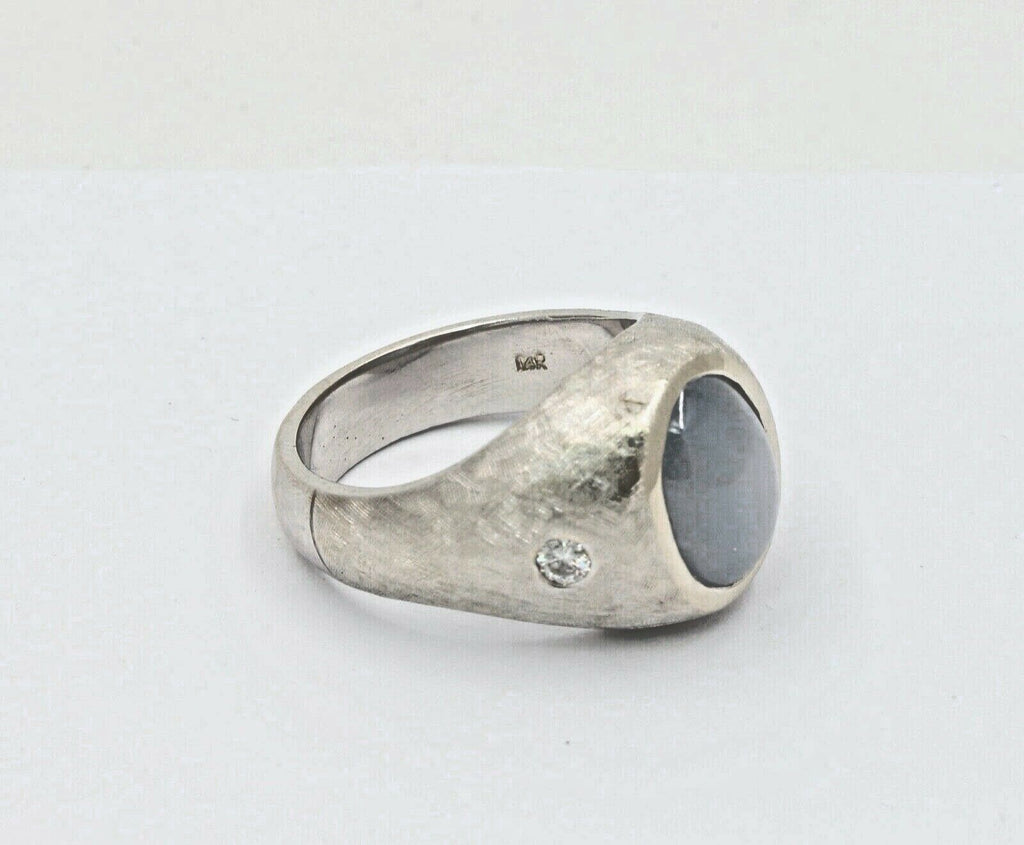 Mens Vintage Blue Grey Star Sapphire Diamonds 14K White Gold Ring