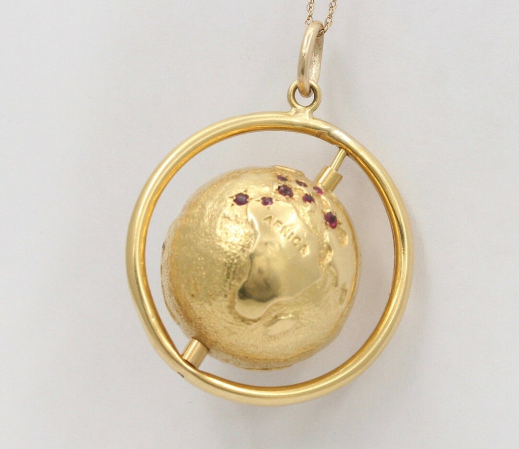 Vintage Spinning Globe Rubies 14K Yellow Gold Pendant Charm