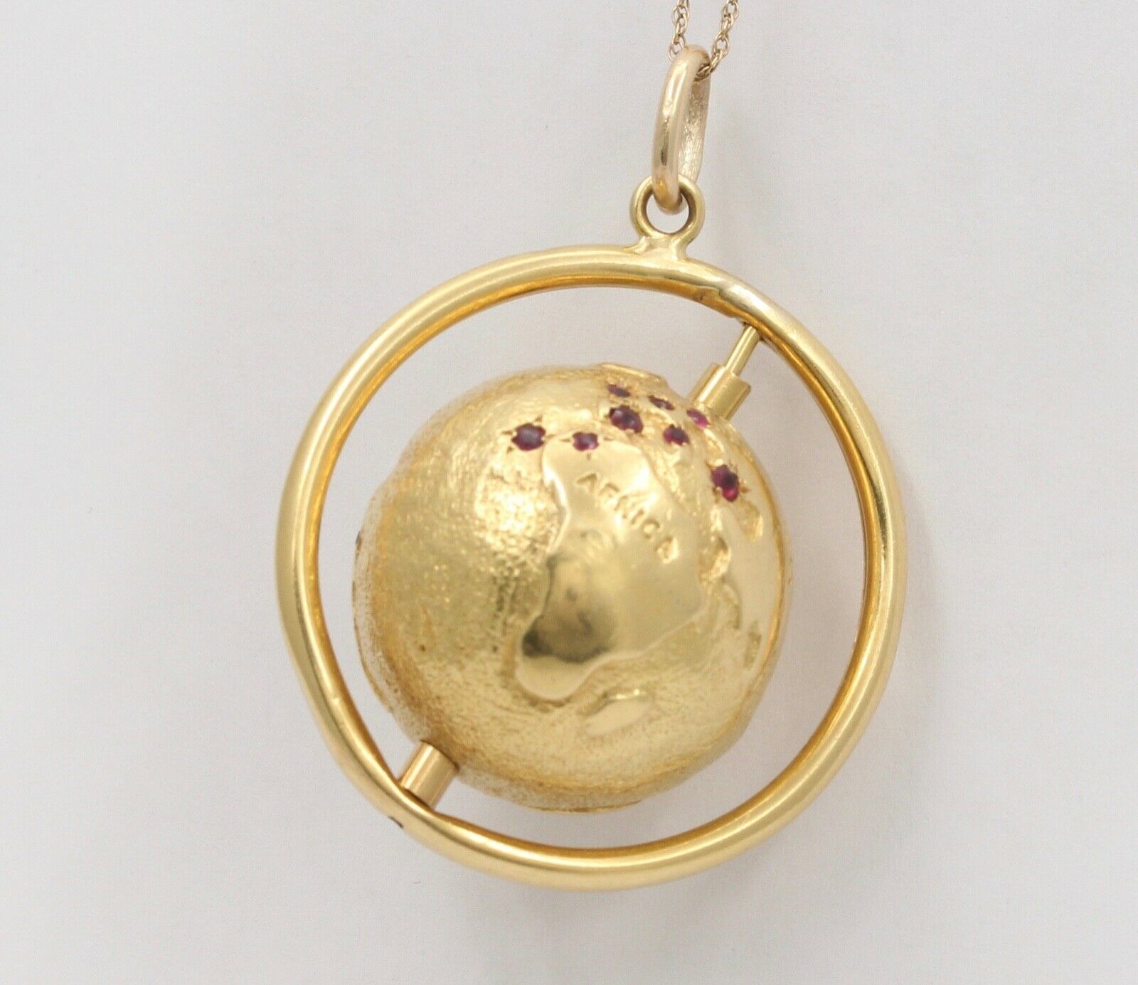 Vintage Spinning Globe Rubies 14K Yellow Gold Pendant Charm