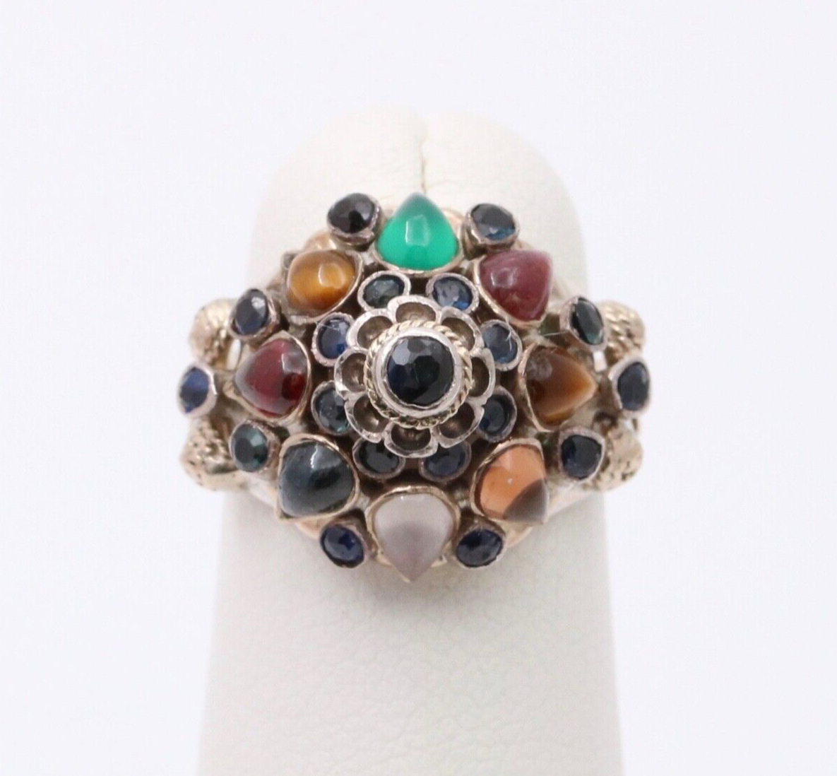 Vintage Multi Color Natural Sapphire, Moonstone,,Tiger eye and Garnet 14K Yellow
