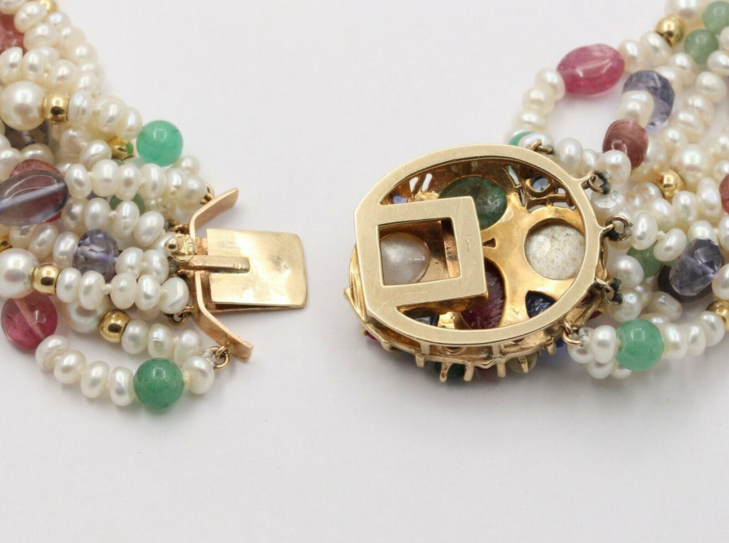 Vintage Beaded Pearl, Ruby, Sapphire and Aventurine Multi Strings Necklace