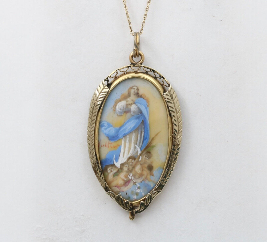 Antique Virgin Mary and Cherubs Portrait 18K YG WG Pendant