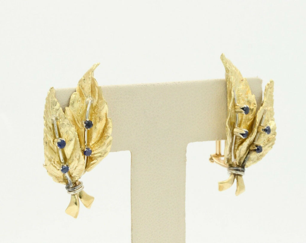 Vintage 18K Yellow Gold Sapphire Leaf Earrings