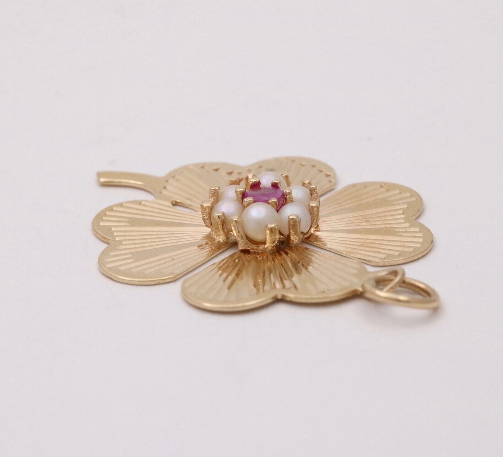 Vintage 14K Yellow Gold Four Leaf Clover Pearl & Ruby Charm Pendant