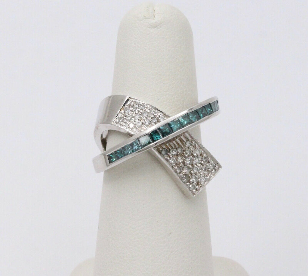 Cool Unisex Geometric Diamonds White Blue Diamonds 14K White Gold Ring