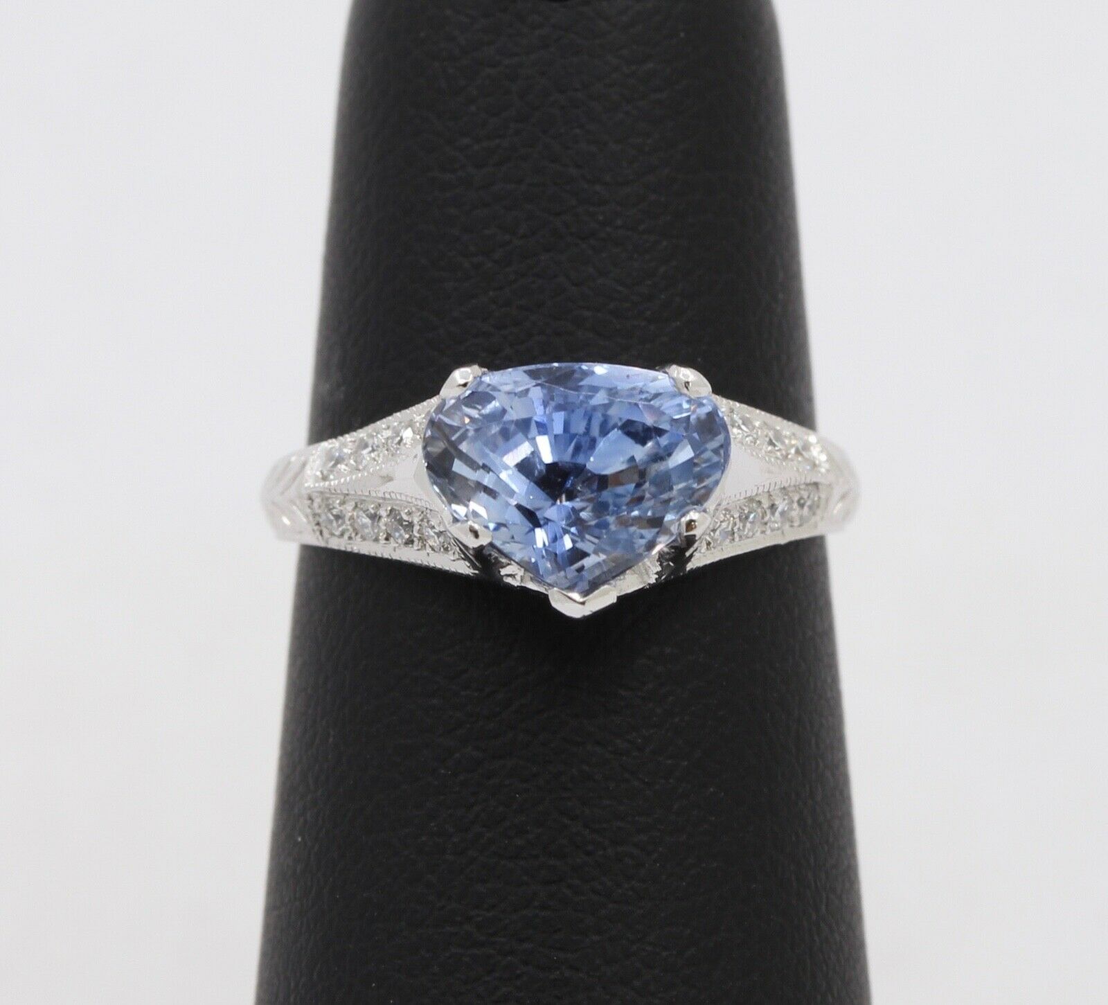 Uniquely Shaped Blue Sapphire and Diamonds 18K White Gold Ring