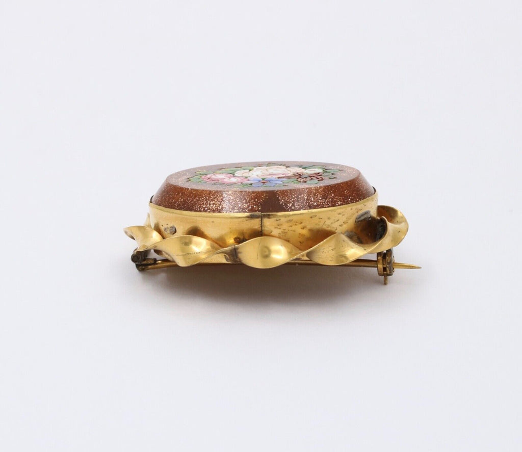 Antique 10K Gold Filled Bloodstone Pietra Dura Micro Mosaic Brooch, Pin.