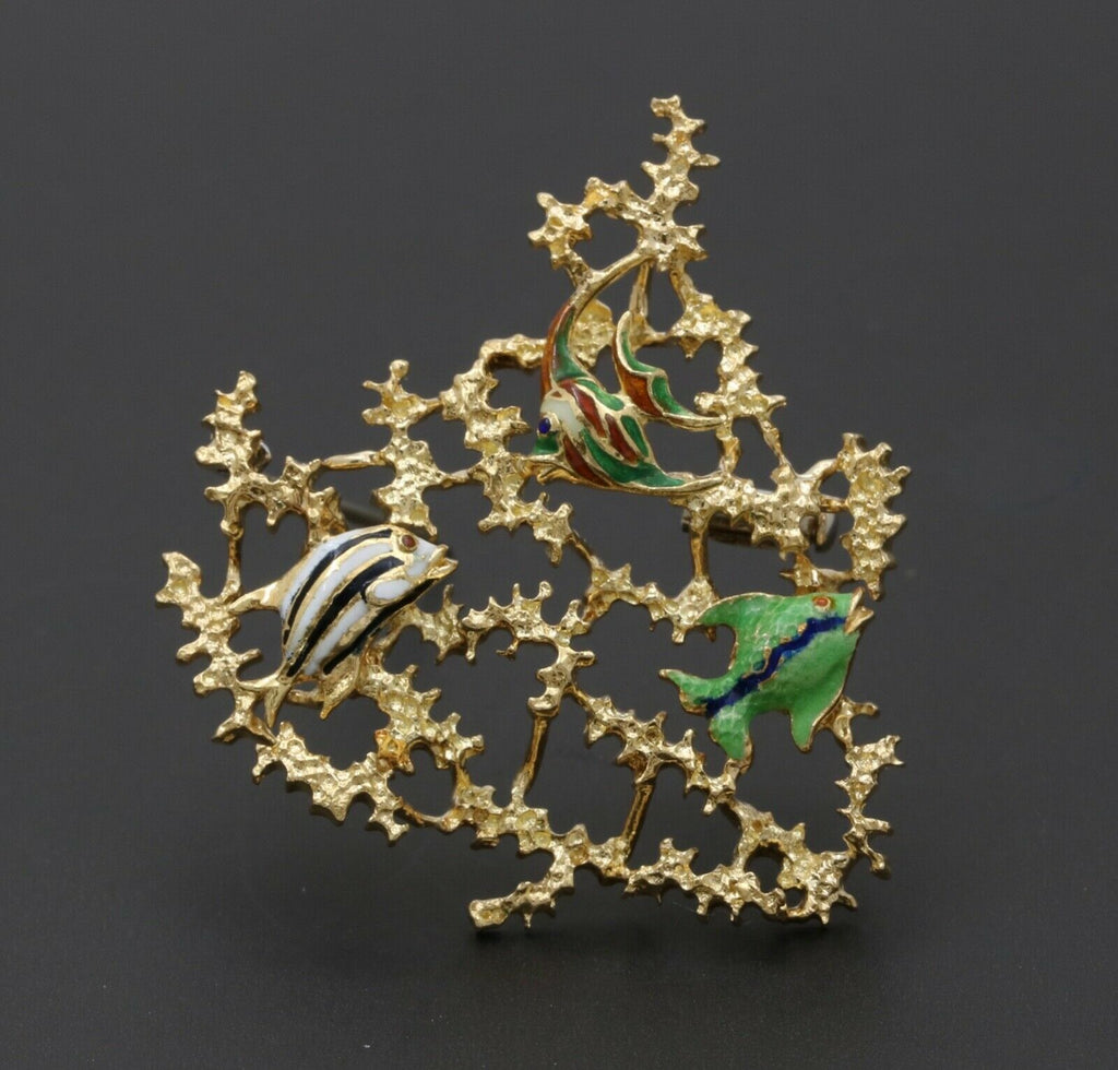Vintage 18K Yellow Gold Enamel FIsh Brooch Pin Ocean Lover