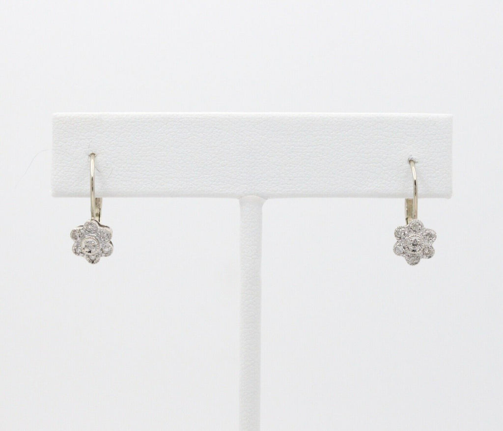 Sweet 14K White Gold Floral Round Cut Diamond Earrings